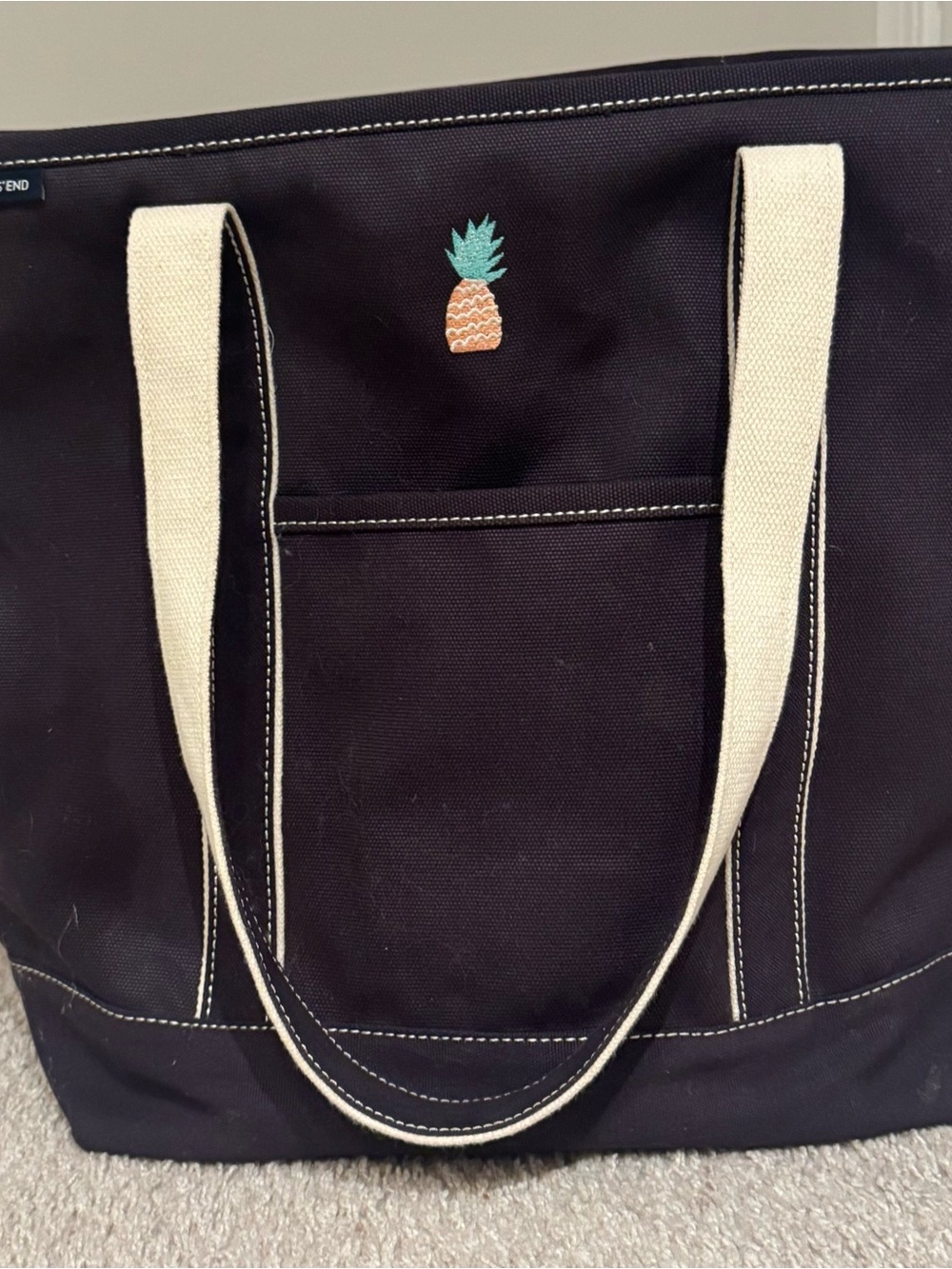 Lands’ End Navy Canvas Tote Bag Pineapple Embroidered Zip Top Organizer